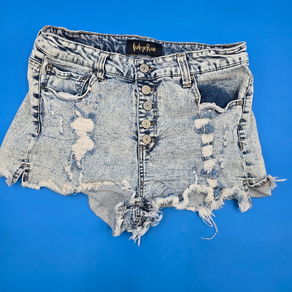 Indigo Rein High Rise Acid Wash Distressed Denim Shorts Button Fly Size 11/29